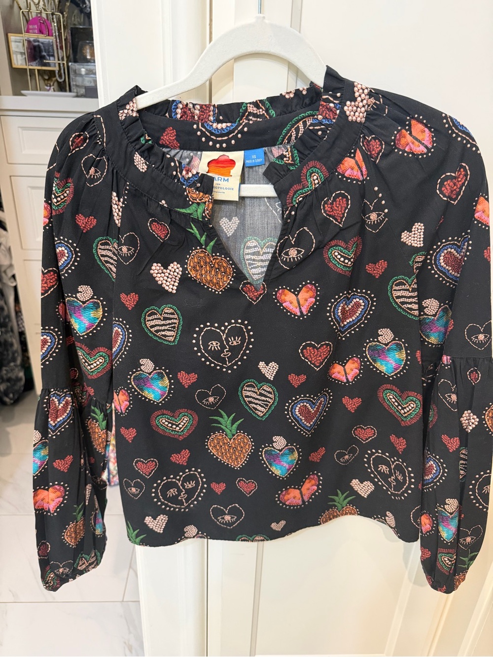 FARM Rio Black Heart & Pineapple Print Peasant Top